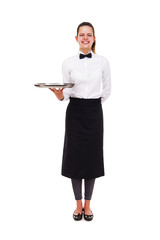Young woman in waiter uniform holding tray isolated over white b
