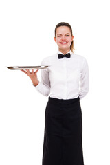 Young woman in waiter uniform holding tray isolated over white b