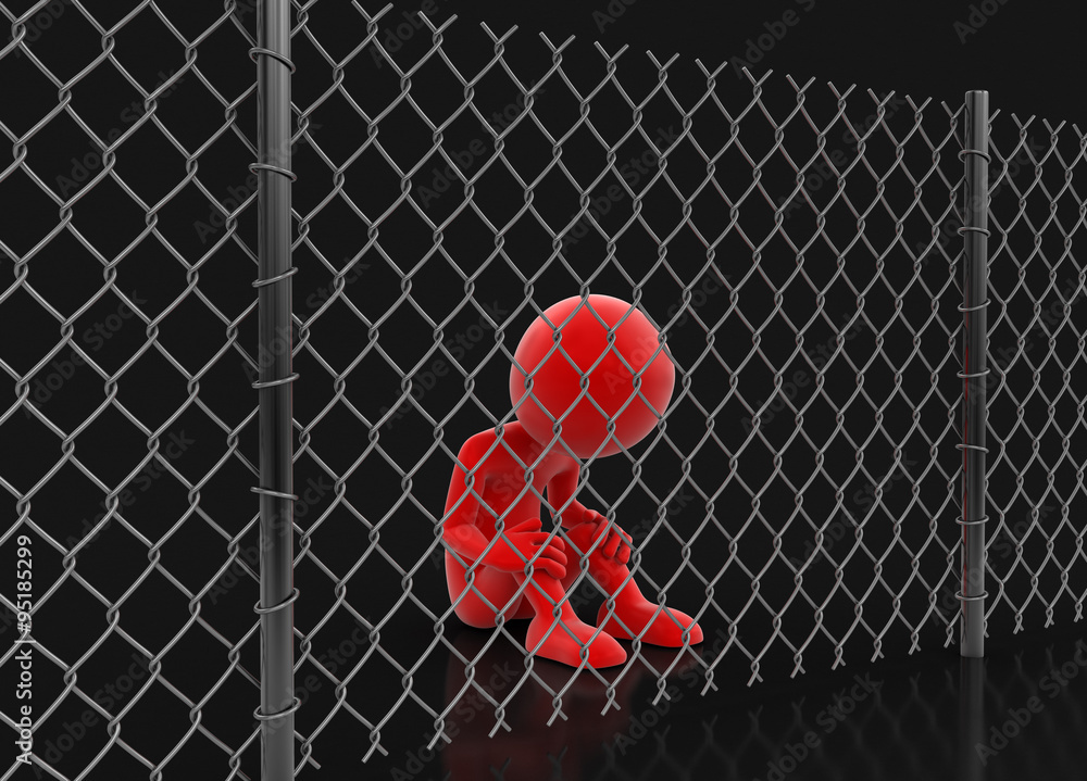 Poster chainlink fence and man. image with clipping path
