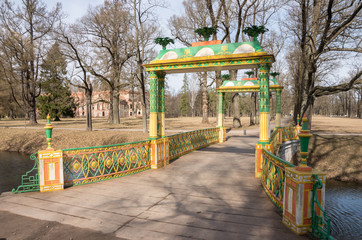 Fototapeta na wymiar The Small Chinese Bridge in the Alexander Park, Tsarskoye Selo, Saint-Petersburg, Russia.
