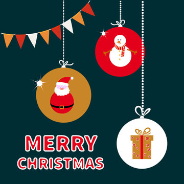 Christmas background. Vector illustration of New Year balls with snowman, Santa and prasent box. 