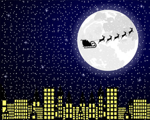 Obraz na płótnie Canvas Santa Claus flies reindeer in harness over night city