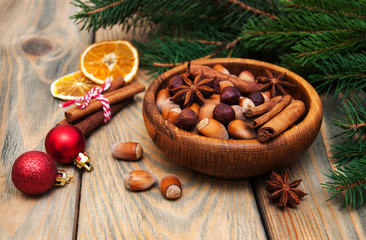 Fototapeta na wymiar nuts and spices for christmas cake