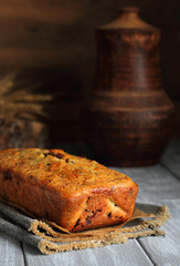 pumpkin cake with chocolate on the gray boards
