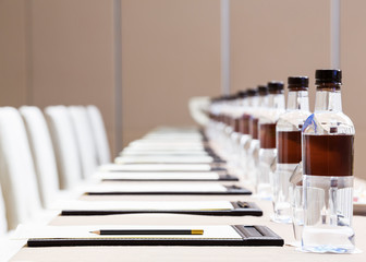 Press conference room table setting