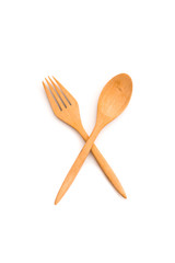wooden spoon and fork on isolated background