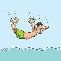 A cartoon man leaps into the wavy water with a big smile, about to do a bellyflop.