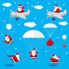 Vector set design elements funny Santa Claus different character as pilot, runner, skydiver isolated on blue background