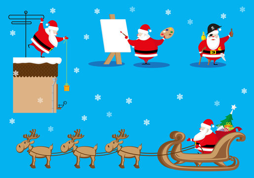 Vector set design elements funny Santa Claus different character as painter, pirate, giver isolated on blue background