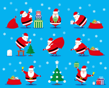 Vector set design elements funny Santa Claus different character isolated on blue background