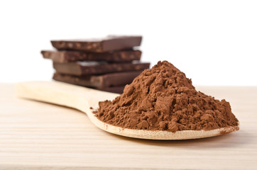 the tower from chocolate with nuts  and cacao powder in the wooden spoon