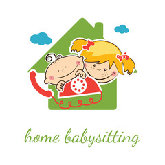 Home babysitter vector concept with funny boy and girl