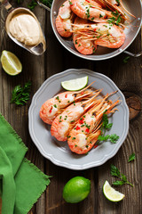 Fried king prawns, served with rice.