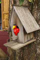 fake red bird on nest in garden - Antique tin toy