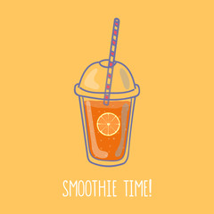 Hand drawn smoothie to go cup with banana illustration and smoothie time lettering