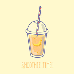 Hand drawn smoothie to go cup with banana illustration and smoothie time lettering