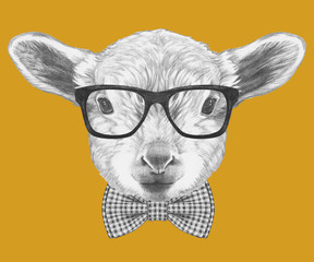 Portrait of Lamb with glasses and bow tie. Hand drawn illustration.
