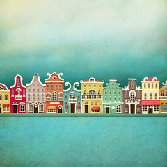 Festive illustration or poster with colorful town. 