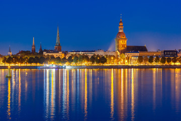 Fototapeta na wymiar Old Town and River Daugava at night, Riga, Latvia