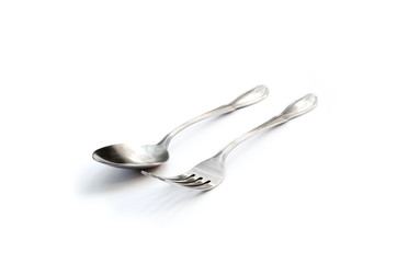 silver spoon and fork isolated in white background