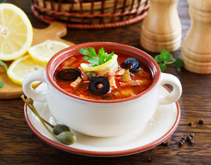 Meat solyanka- traditional Russian soup.