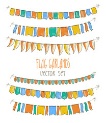 Vector Illustration of colorful flag garlands on white  background. Retro colors buntings and flags. Holiday set