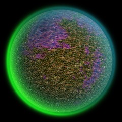 Illustration of a  big green planet somewhere in far darkness
