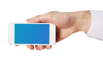 Hand holding smart phone with blue screen, isolated on white