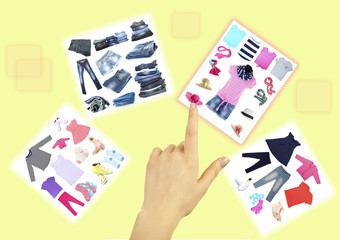 Hand pushing virtual symbols. Online shopping concept