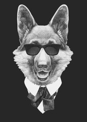 Portrait of German Shepherd in suit. Hand drawn illustration.