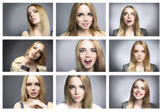 Collage of photos with beautiful young woman on gray background