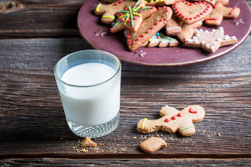 Sweet and tasty gingerbread cookies with milk for Christmas