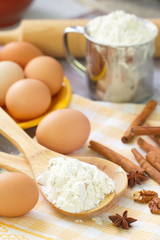 Dough preparation. Baking ingredients: eggs, flour and spices.