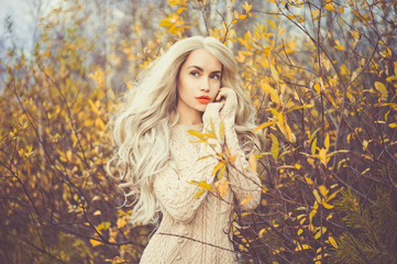 Beautiful lady surrounded autumn leaves