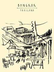 China town in Bangkok, Thailand. Food stalls, tables, stools. People buying Chinese food in a simple street cafe. Vertical vintage hand drawn postcard