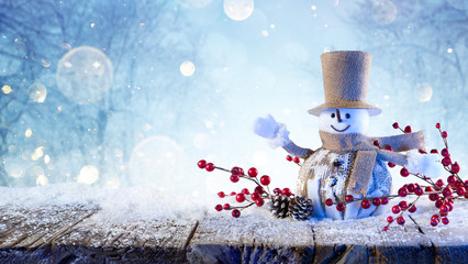 Snowman Greets Happy Under Snow
