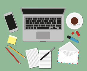 Stock Vector Illustration: women in the workplace. Hands desks laptop screen vector illustration of business people Top View angle above the office