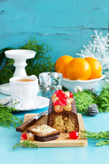 Chocolate cake with candied fruit for Christmas.