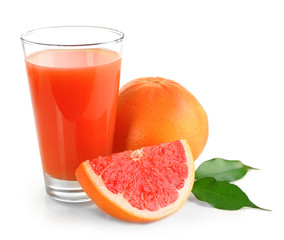 Citrus juice and fresh fruits isolated on white