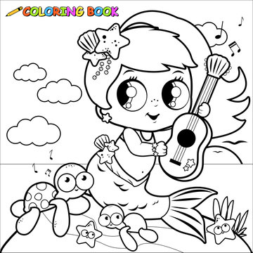 Cute mermaid by the sea playing music with her guitar. Vector black and white coloring page