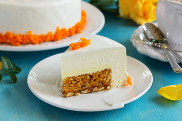 carrot cake with pecans, honey mousse, glazed.