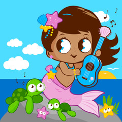 Obraz na płótnie Canvas Cute mermaid by the sea playing music with her guitar. Vector illustration