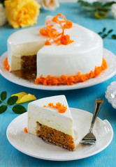 carrot cake with pecans, honey mousse, glazed.