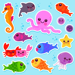Naklejka na ściany i meble Set of colorful sea animals swimming underwater. Vector illustration