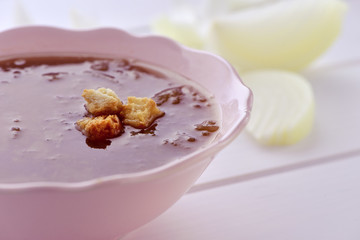 onion soup topped with croutons