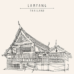 An old historic building in Lampang, Thailand. Artistic hand drawn postcard