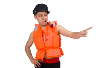 Funny man wearing orange safety vest