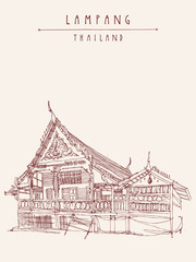 An old historic building in Lampang, Thailand. Artistic hand drawn postcard