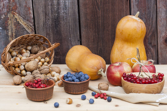 Autumn still life with pumpkins and autumn berry and vegetables on old wooden background, closeup