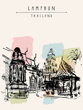 Old buddhist temple in Lamphun, Thailand - hand drawn postcard